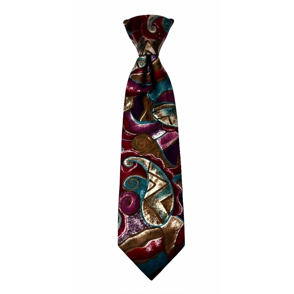 Cellini Collection Mens Burgundy Teal Gold Abstract Swirl Silk Blend Necktie